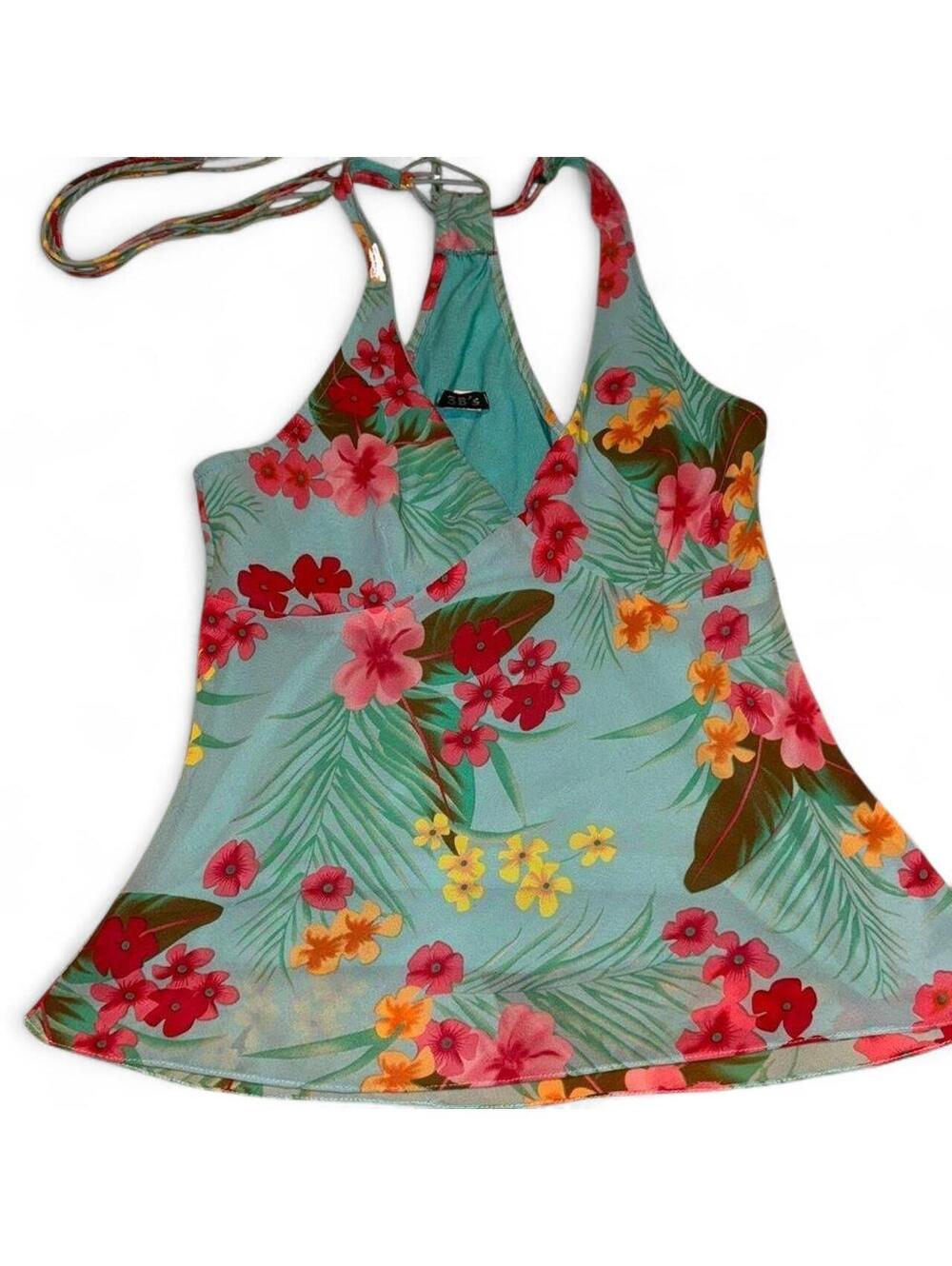 Blue tropical floral print with a v-neckline and racerback straps - Sz S-M